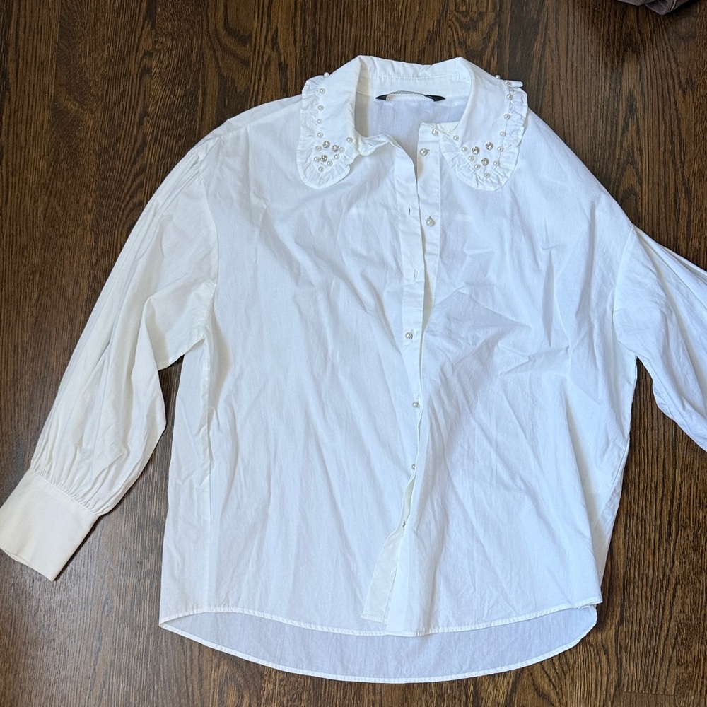 Zara White Button Down Shirt with Embellished Collar
